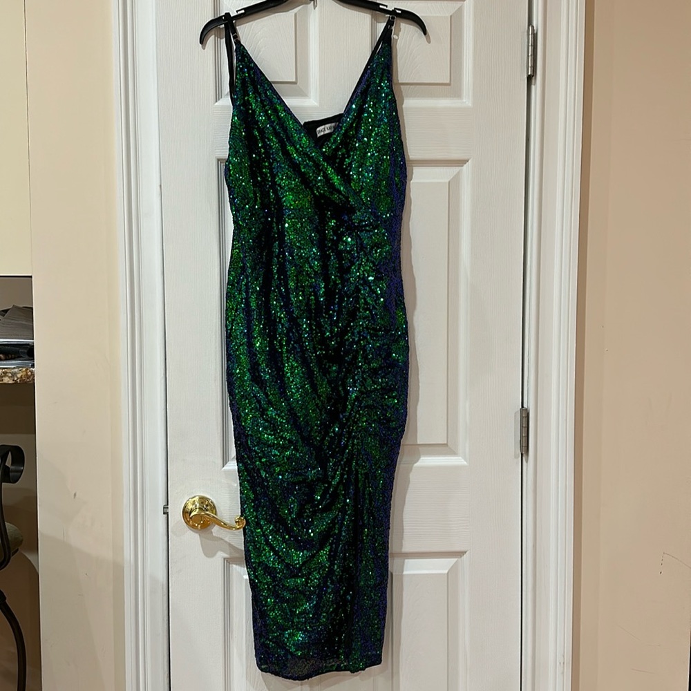 Grace Karin Sequin Black and Green Tank Top Dress Scrunch with Slit